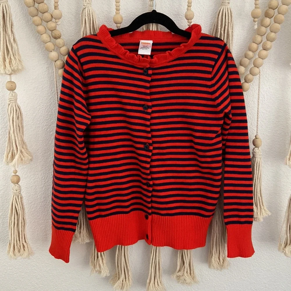 Gymboree girls striped sweater orange red and navy blue ruffle neck size M 7/8